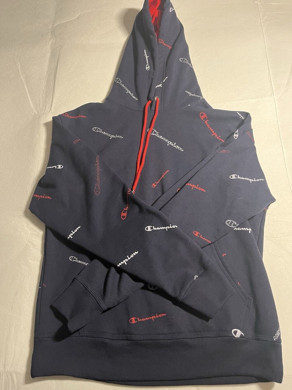 Champion Mens Medium Hoodie Navy Blue Red White All Over Logo Spellout Pullover